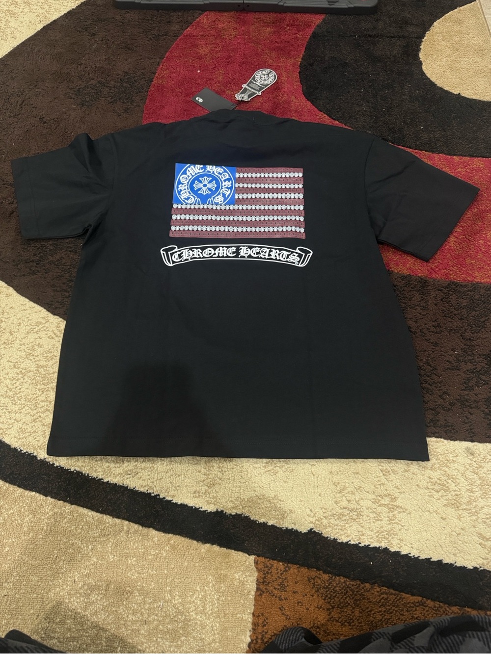 Chrome Hearts Black Short-Sleeve Tee with Red and Blue Flag Graphic